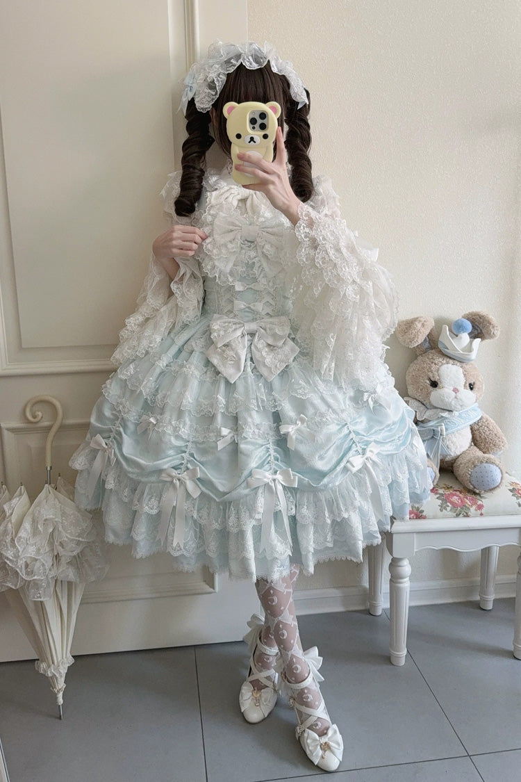 Blue [Silk Satin Gift Box] Square Collar Sleeveless Multi-Layered Ruffled Bow Lace Sweet Lolita Jsk Dress - Product - 8