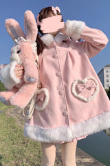 Pink Woolen Rabbit Ears Single-breasted Bowknot Sweet Princess Lolita Coat - Product - 2