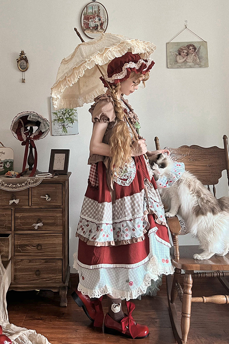 Multi-Color Cherry Print Short Sleeves Multi-Layered Ruffle Embroidery Sweet Lolita Dress - Product - 4