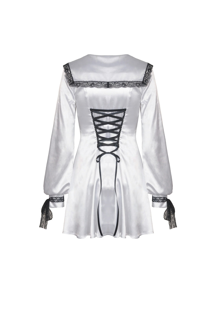 White Lapel Collar Long Sleeves Lace Lace-Up Zippered Women's Asceticism Dark JK Dress - Product - 11