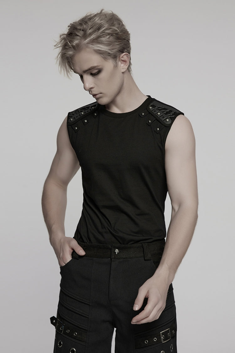 Black Round Collar Sleeveless Studded Stitching Shoulder Patched Men's Punk Vest - Product - 2