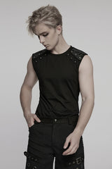 Black Round Collar Sleeveless Studded Stitching Shoulder Patched Men's Punk Vest - Product - 2