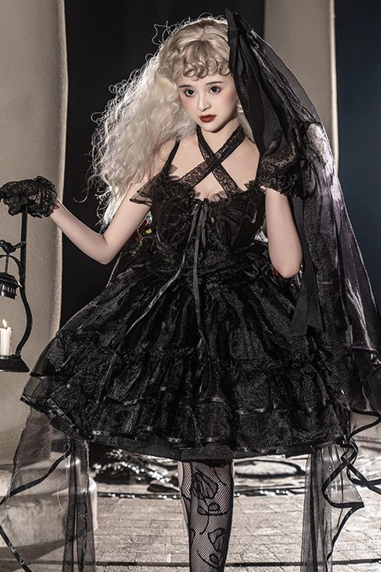 [Seven Deadly Sins] Sleeveless Double-Layered Ruffle Hanayome Bowknot Lace Gothic Plus Size Lolita Jsk Dress 3 Colors - Black - 1