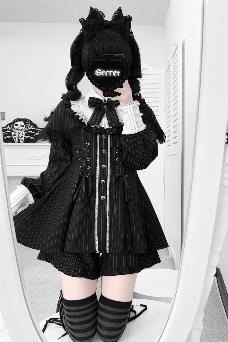 [Twilight Reimi] Long Sleeves Printed Ruffled Bow Lace Sweet Jirai Kei Japanese Dress Shorts Set 4 Colors - Black-Striped - 5