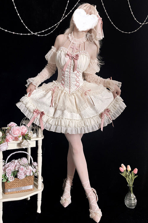 Ivory Pink Tube Top Sleeveless Blowknot Ruffled Sweet Lolita Tiered Dress - Product - 2