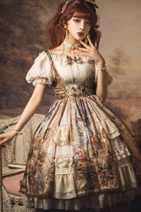 Brown [Cloria] Oil Painting Print Bowknot Lace Sweet Elegant Palace Lolita Jsk Dress - Product - 5
