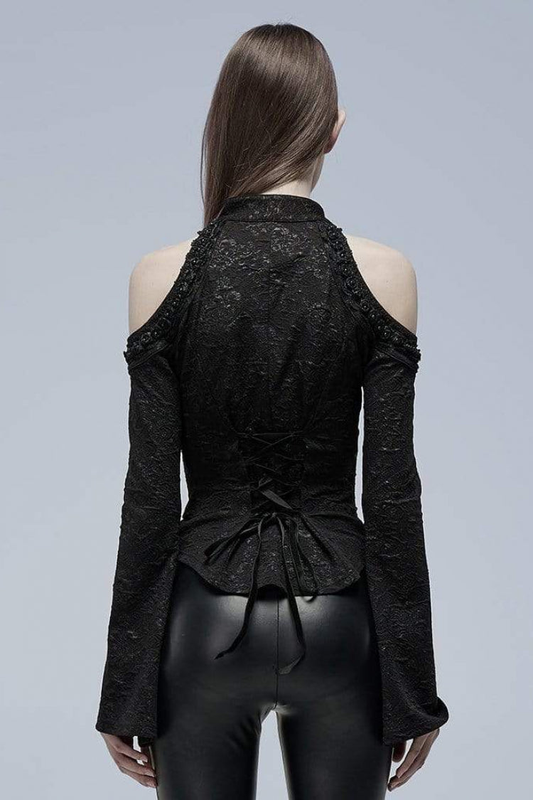 Black Long Trumpet Sleeves Print Hollow Stitching Lace-Up Womens Gothic Blouse - Product - 3
