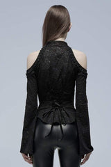 Black Long Trumpet Sleeves Print Hollow Stitching Lace-Up Womens Gothic Blouse - Product - 3