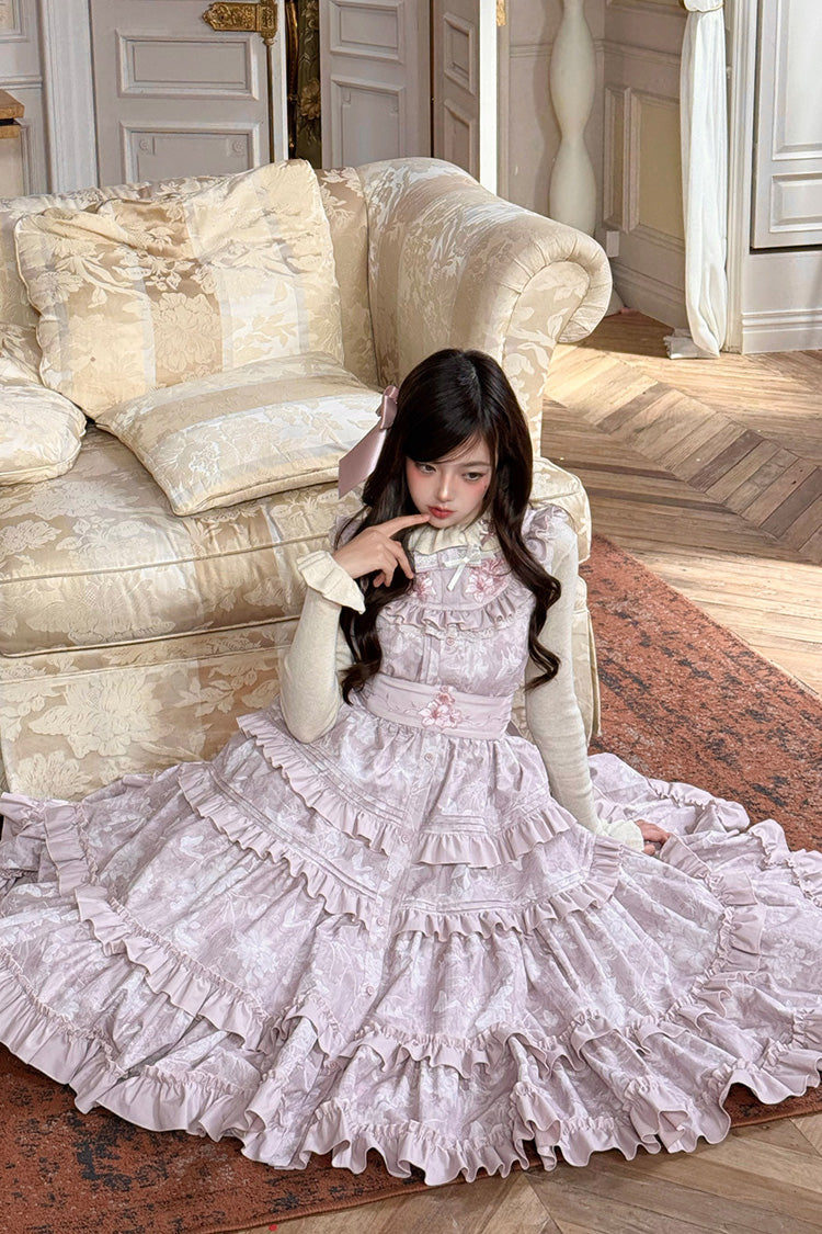 Pink [Sacred Heart Lily] Round Collar Sleeveless Multi-Layered Printed Ruffled Embroidered Sweet Chinese Inspired Lolita Jumper Dress - Product - 11
