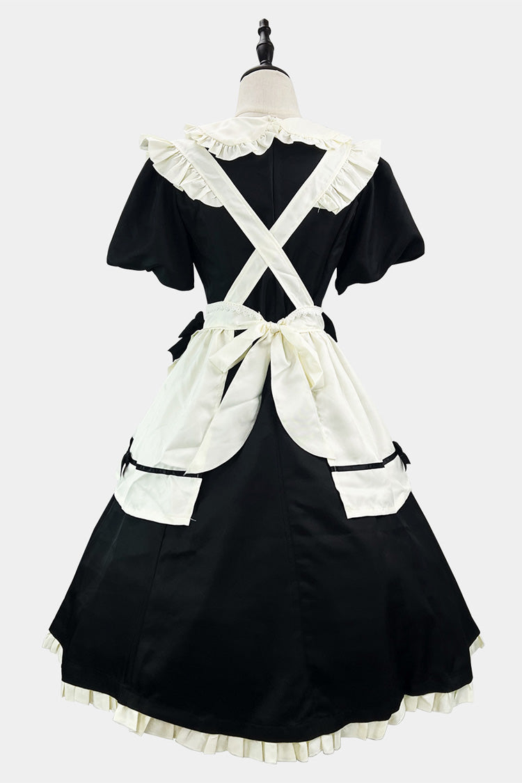 Black/White Short Sleeves Ruffle Bowknot Lace Plus Size Sweet Maid Long Lolita Dress - Product - 3