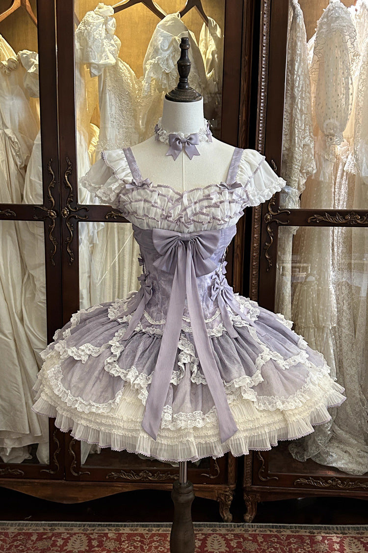 Purple [Floral Dream] Short Sleeves Multi-Layered Ruffle Embroidery Bowknot Lace-Up Sweet Elegant Ballet Lolita Jsk Dress - Product - 9