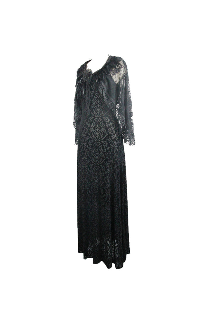 Black Lace Shawl Dark Pattern Velvet Women's Gothic Slip Dress - Product - 8