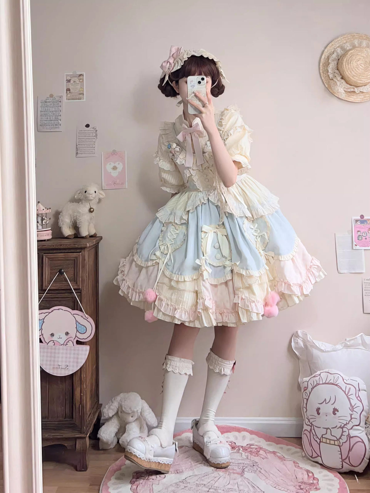 Multi-Color Mianmian Macaron Sleeveless Multi-Layered Ruffle Bowknot Lace Sweet (Short Version) (Dress Only) detail view 7