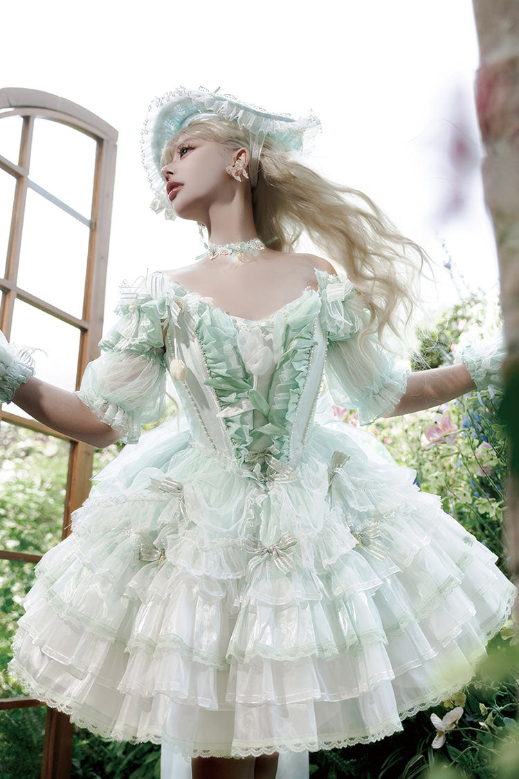 Green [Tulip and Wind Chime] Multi-Layered Ruffle Bowknot Lace Sweet Gorgeous Lolita Jsk Dress - Product - 6
