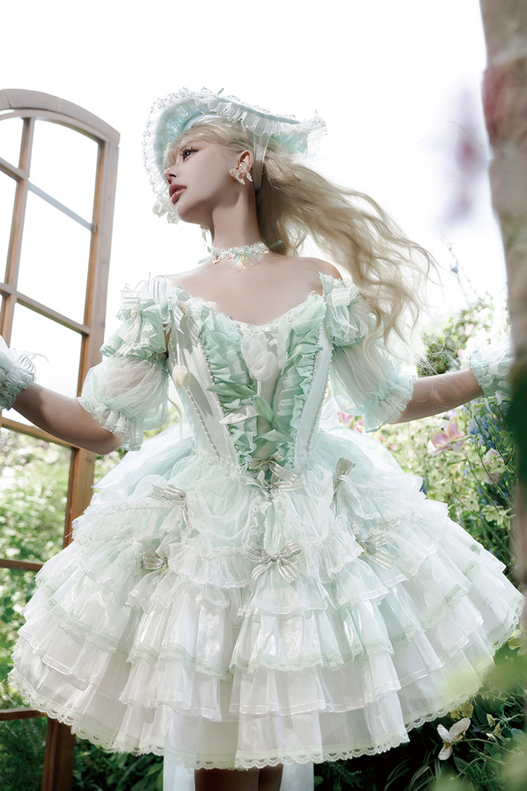 Green [Tulip and Wind Chime] Multi-Layered Ruffle Bowknot Lace Sweet Gorgeous Lolita Jsk Dress - Product - 6
