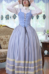 Light Blue [Bashu Girl] Long Puff Sleeves Print Lace-Up Fishbone Corset Sweet Lolita Skirt Dress Three-Piece Set - Product - 2