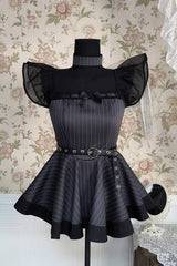 Grey Stripe Print Ruffle Bowknot Gothic Japanese Maid Lolita Dress - Product - 8