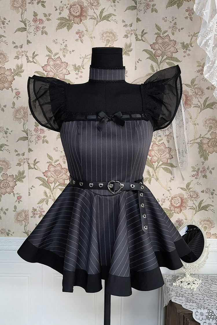 Grey Stripe Print Ruffle Bowknot Gothic Japanese Maid Lolita Dress - Product - 8