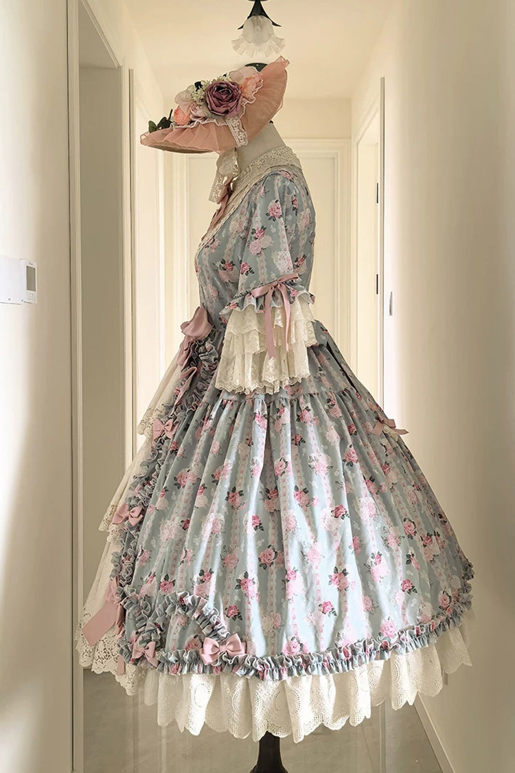 Green [Lilica Garden] Lapel Collar Short Trumpet Sleeves Flower Wall Printed Ruffled Open-Front Bow Lace Sweet Elegant Luxurious Lolita Dress - Product - 8