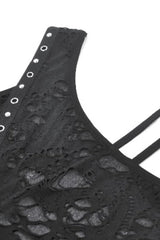 Black Sleeveless Ripped Eyelet Lace-Up Asymmetric Hem Women's Punk Top - Product - 12