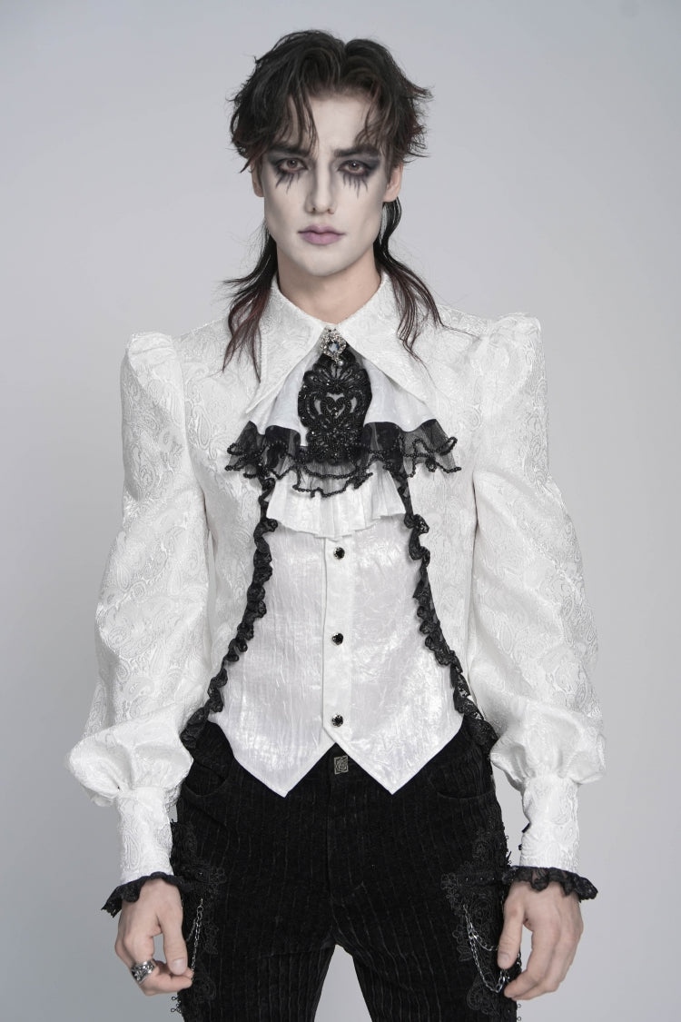 White Lapel Collar Long Sleeves Jacquard Swallow-tailed Lace Men's Gothic Palace Shirt - Product - 1