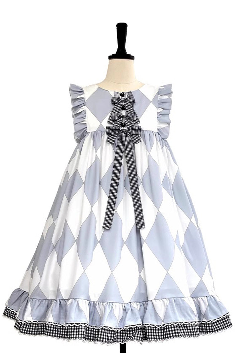 White/Blue Sleeveless Diamond Plaid Print Bowknot Alice Sweet Lolita JSK Dress - Product - 3