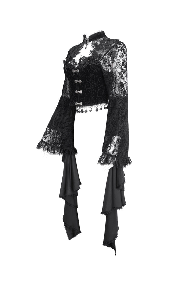 Black Long Trumpet Sleeves Stitching Lace Women's Gothic Blouse - Product - 8