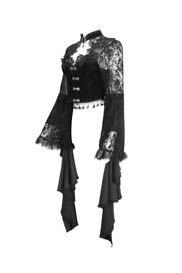 Black Long Trumpet Sleeves Stitching Lace Women's Gothic Blouse - Product - 8