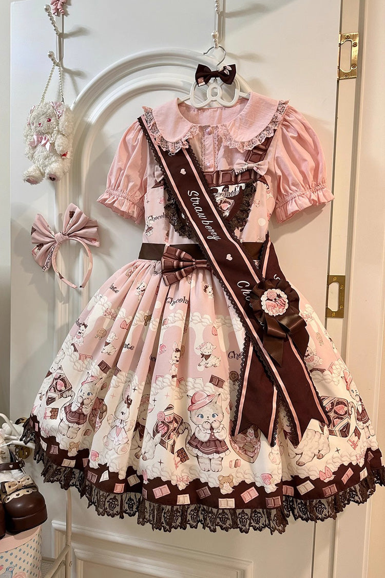 Chocolate Rosette Cat Print Bowknot Stitching Lace Sweet Lolita Jsk Dress 4 Colors - Product - 5