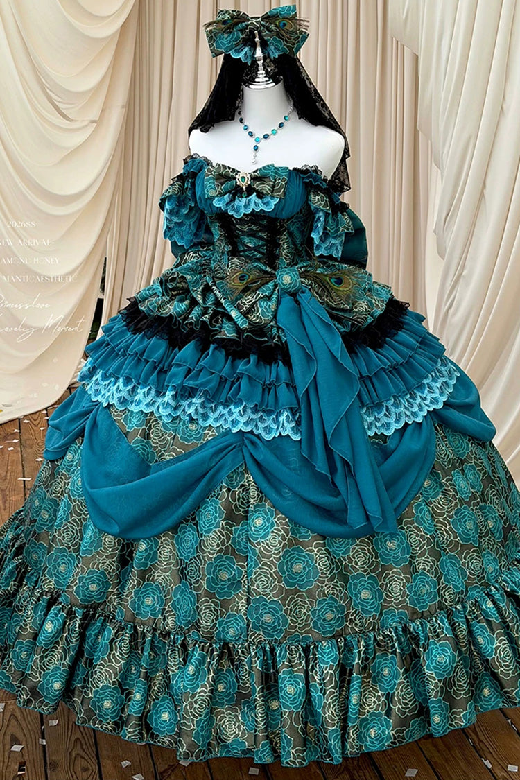 Blue/Green [Peacock Spirit Princess] Sleeveless Multi-Layered Ruffled Bow Lace-Up Classic Elegant Lolita Jsk Dress - Product - 4