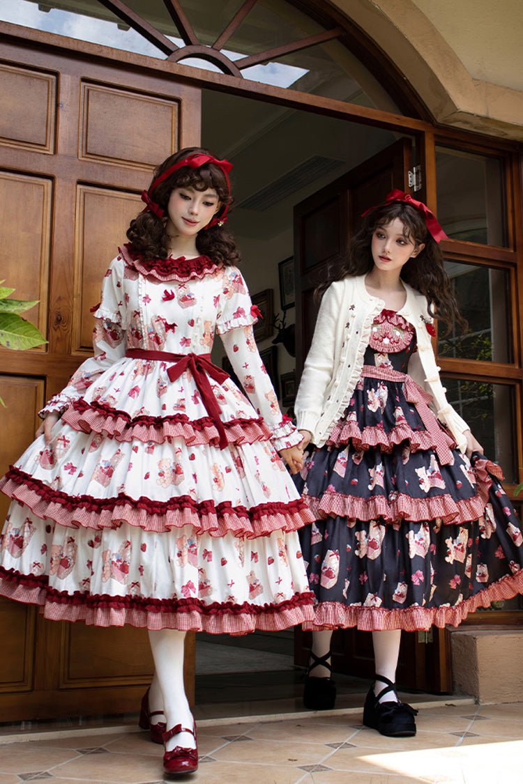 White/Pink [Bell Strawberry Farm] Print Long Sleeves Triple-Layered Ruffle Sweet Lolita Dress - Product - 8