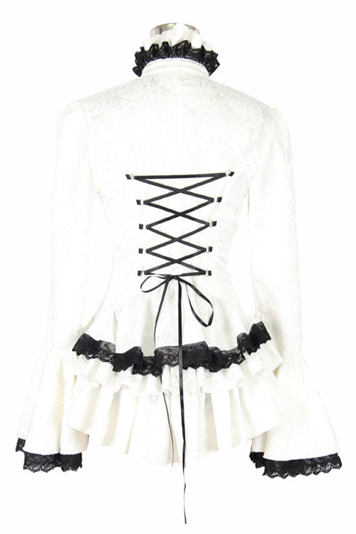 White Trumpet Sleeves Lace Ruffled Vintage Print Womens Gothic Blouse - Product - 6