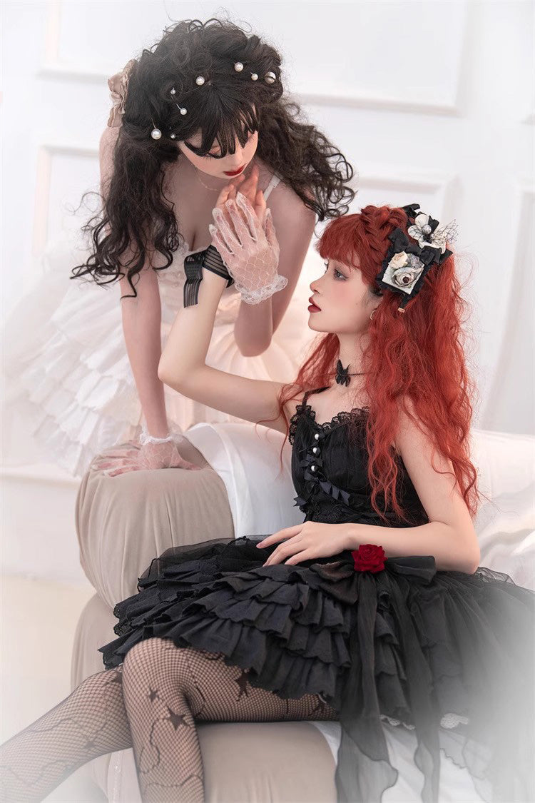 Black High Waisted Multi-layer Rose Bowknot Lace-Up Gothic Lolita Jsk Dress - Product - 11