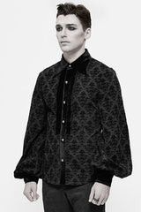 Black Court Pattern Flocking Lantern Sleeves Mens Gothic Blouse - Product - 2