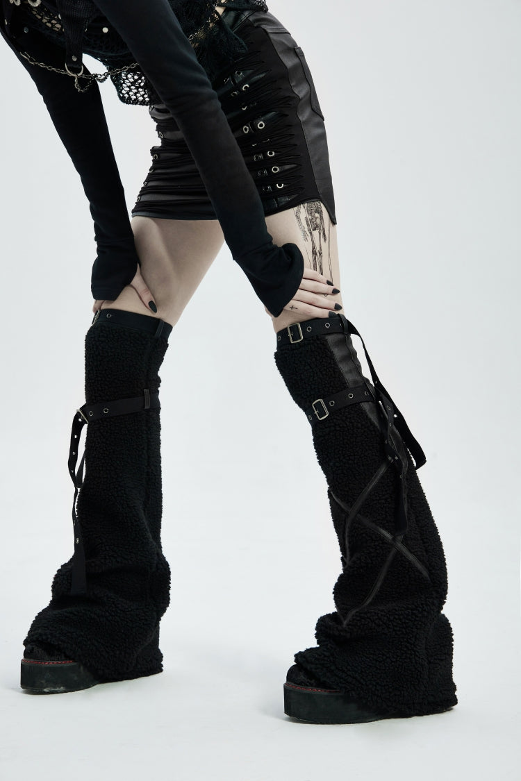Black Spliced Buckled Eyelet Women's Punk Accessory Long Boots Sets with Adjustable Straps - Product - 5