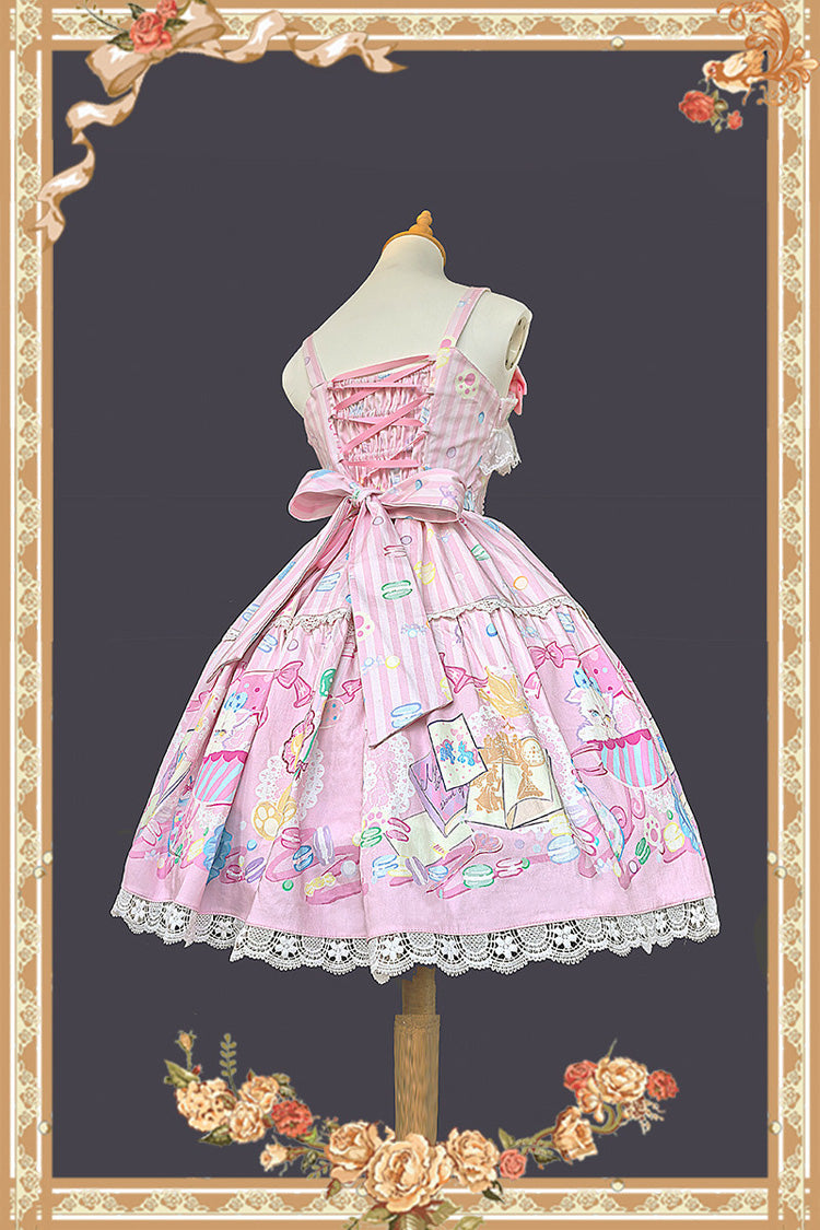 ピンク [Macarons Dolly House] スクエアカラー ノースリーブ プリント リボン スウィートロリータ ジャンパースカート（JSK） 商品画像