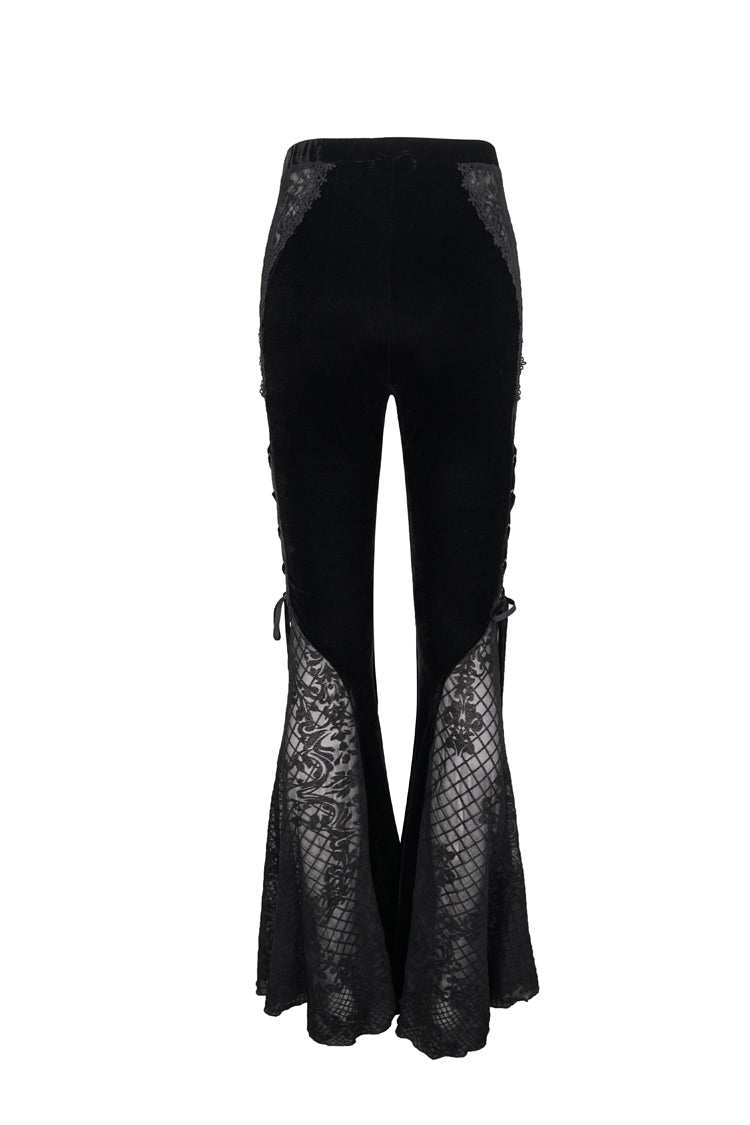 Black Translucent Velvet Jacquard Sexy Panel Lace-Up Plaid Flared Gothic Women's Pants - Product - 9