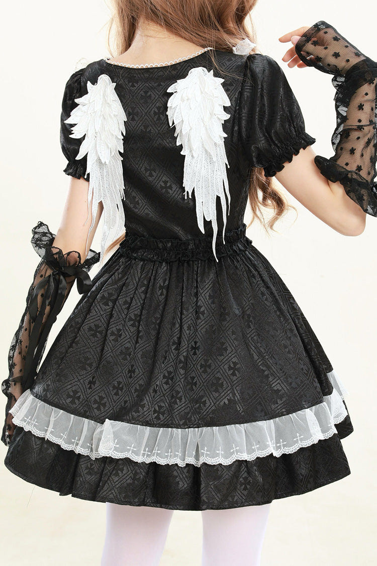 Black [Night Alley Angel] Lapel Collar Short Sleeves Jacquard Ruffled Lace Gothic Lolita Dress - Product - 3