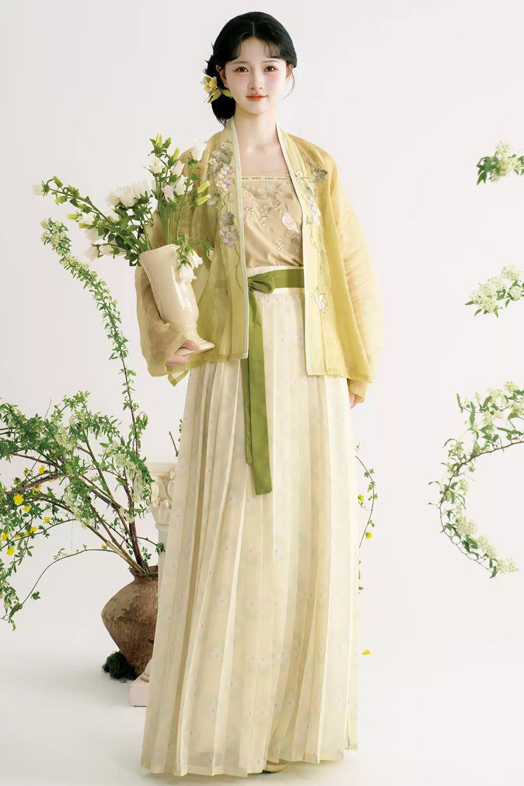 Green/Apricot [Grape Butterfly] Long Sleeves High Waisted Printed Embroidered Women's Sweet Hanfu Dress Set - Green/Apricot - 1