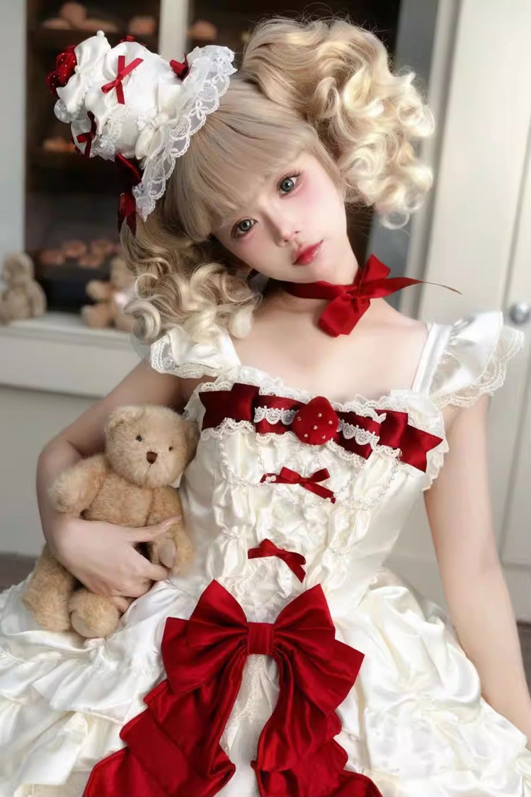 Apricot [Berry Endless] Square Collar Sleeveless Multi-Layered Ruffled Embroidered Bow Lace Sweet Lolita Jsk Dress - Product - 2