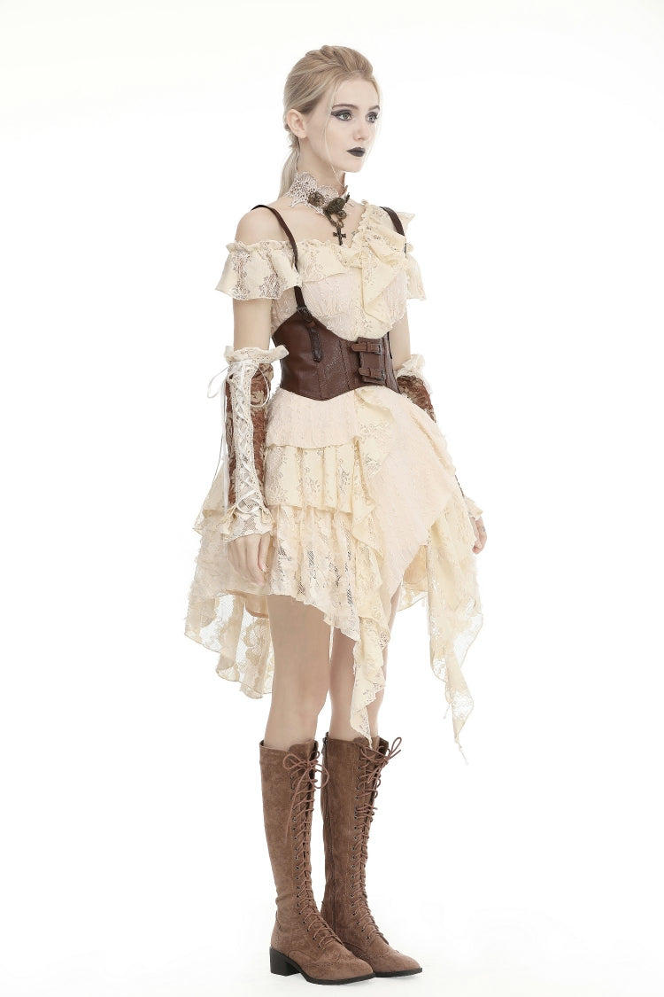 Beige Irregular Multi-Layered Ruffled Lace Women's Steampunk Vintage Dress - Product - 11