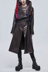 Brown Large Neckline Design Shoulder String Decoration Long Leather Women's Punk Jacket - Brown - 1