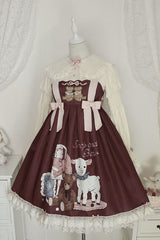 Wine Sheep & Bear Print Alice Girl Bowknot Ruffled Sweet Lolita JSK Dress - Product - 2
