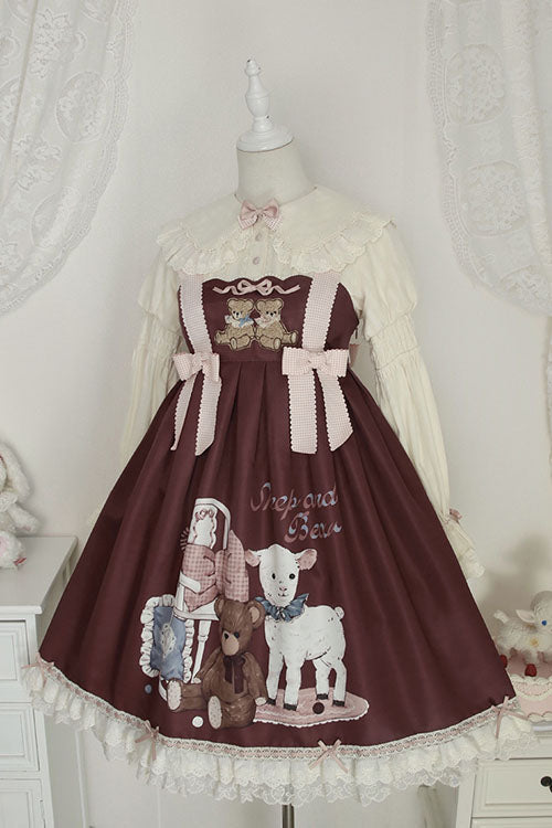 Wine Sheep & Bear Print Alice Girl Bowknot Ruffled Sweet Lolita JSK Dress - Product - 2