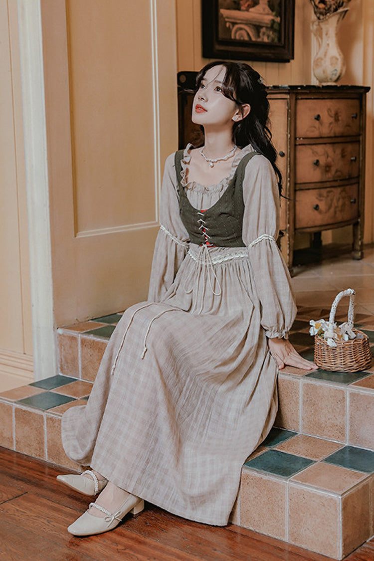 Khaki French Style Round Collar Long Sleeves Printed Classic Vintage Lolita Dress - Product - 4
