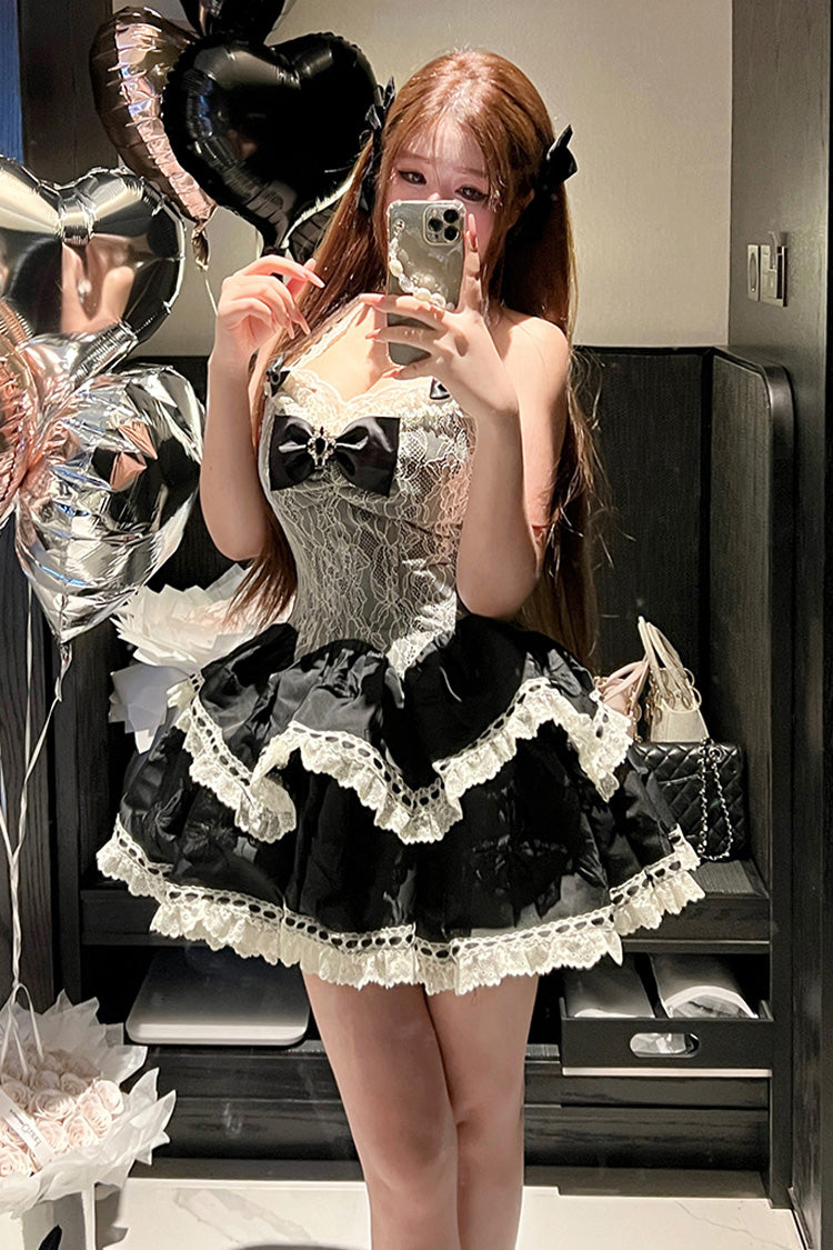 Black [Asking For A Kiss] Halterneck Double-Layered Bowknot Lace Gothic Lolita Dress - Black - 1