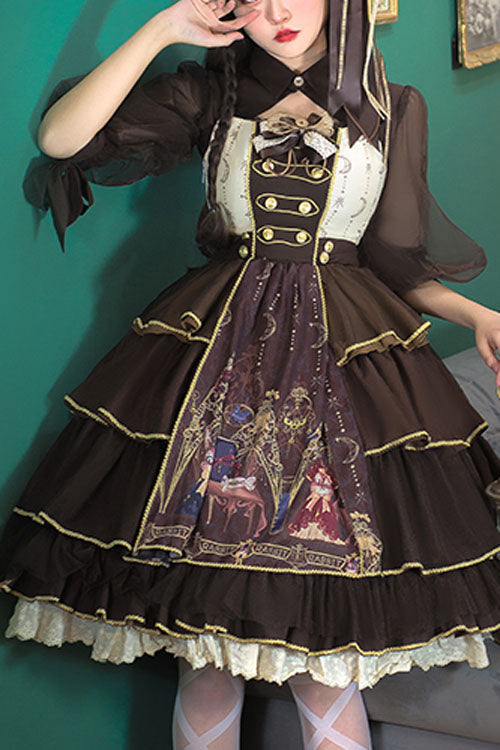 Dark Brown Japanese Country Style Alchemist Theme Bowknot Multi-Layer Ruffled Classic Lolita JSK Dress - Brown - 1
