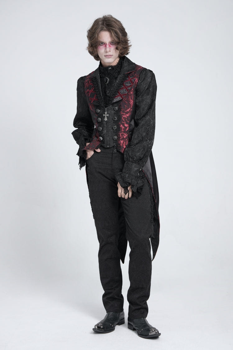 Black/Red Sleeveless Lace-Up Zipper Men's Gothic Swallow-tailed Vest - Product - 8