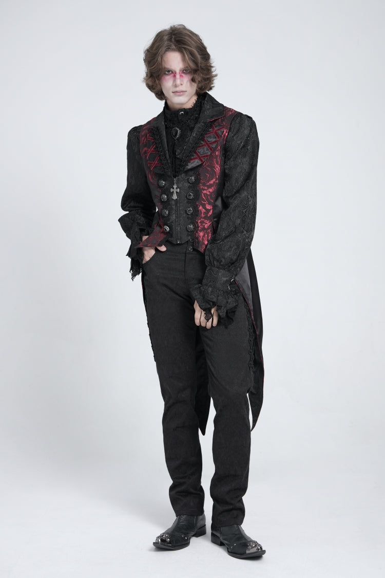 Black/Red Sleeveless Lace-Up Zipper Men's Gothic Swallow-tailed Vest - Product - 8