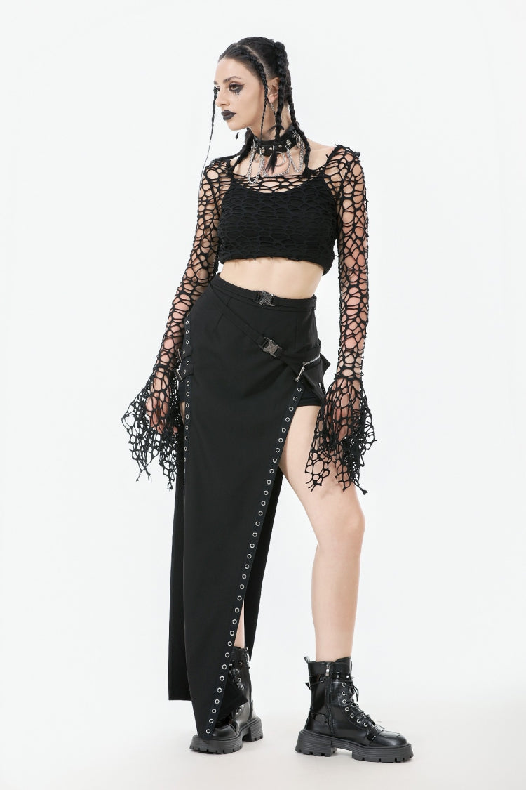Black Women's Gothic Long Flared Sleeves Hollow-out Mesh Crop Top - Product - 6